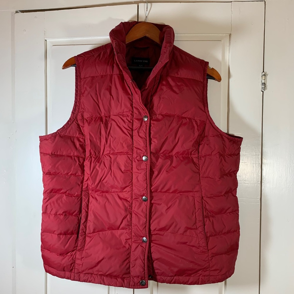 Lands End Womens Red‎ Puffer Vest Quilted Snap Front Stand Collar L T Down Fill